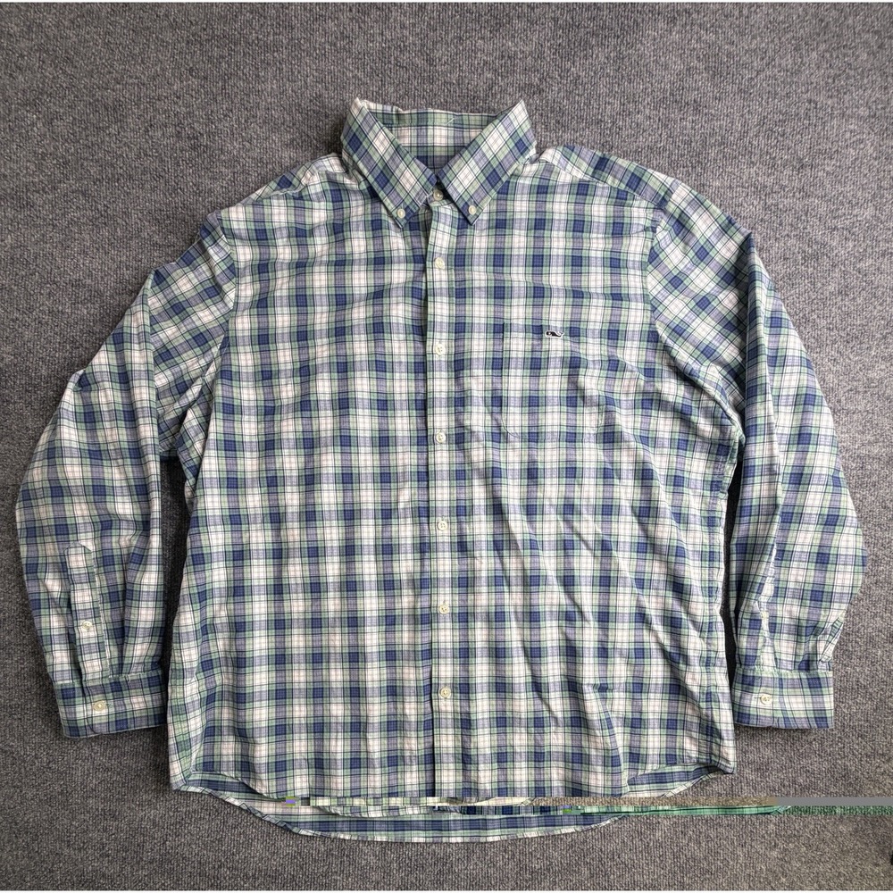 Vineyard Vines Shirt Men XXL Performance Classic Fit Tucker Blue Green Wht Plaid